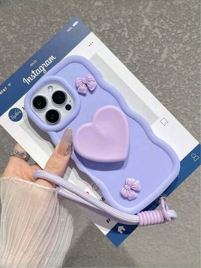 时尚波浪边SMAO手机壳 - 大爱心形支架，可旋转、可伸缩，优雅缎带形保护套，适用于 17/17 Air/17 Pro/17 Pro Max，时尚设计，粉色/紫色，防震防摔，也适用于 16-11/Pro/Pro Max/Plus，S20-S25/Ultra/FE/Plus/Ultra。