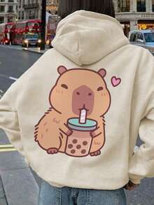 女士休闲印花宽松保暖长袖卫衣，冬季款 - 杏色 - 查看 6