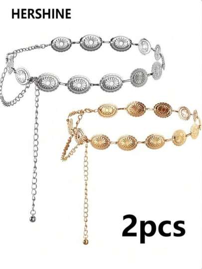 2 piezas Cinturón de mujer estilo vintage bohemio y occidental con placa de metal con encaje y cadena para la cintura, adecuado para el uso diario, ocasiones casuales, reuniones con amigos, vacaciones, cenas, bailes, fiestas, festivales de música. También es un gran regalo para amigos, familiares, madres, novias, cumpleaños, Día de San Valentín, Día de la Madre.