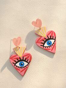 一对可爱浪漫的心形亚克力大眼睛吊坠耳环，送给女性的礼物，适合音乐节、度假、派对等场合。 - 粉色 - 查看 2