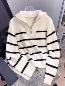 Women's Striped Casual Zip-Up Loose Knit Sweater With Turndown Collar, Long Sleeve - Black - View 5