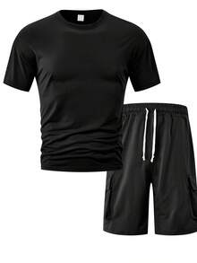 Bộ đồ nam 2 món màu đen nhẹ, kiểu dáng thường ngày, áo thun rộng + quần short kaki, trang phục thể thao thoải mái phù hợp cho bãi biển, kỳ nghỉ, du lịch. - màu đen - Xem 3