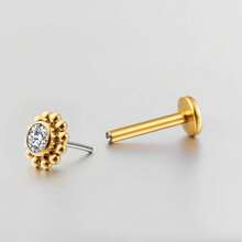 1 pieza Giga Piercing de titanio ASTM F136 de 16G con mini cuentas, pendiente sin rosca con flor de circonita cúbica en la parte posterior plana para tragus, cartílago, hélice, concha y nariz para mujeres, clásico - Dorado - Ver 5