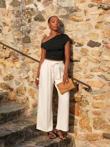Yess Loren Women's Solid Color Loose Straight-Leg Pants With Elastic Waist Drawstring, Casual For Summer Linen - Apricot - View 4