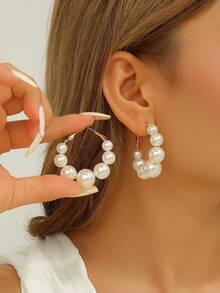 1 对带人造珍珠的环形耳环夏季时尚珍珠首饰