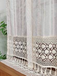 1Pc,Japanese-Style Vintage Striped Sheer Adjustable Lift Curtains With Crochet Lace Trim,Beige Linen-Look Semi-Transparent Tassel Pendants Short Curtains For Kitchen Home Room Dining Room - Beige - View 12
