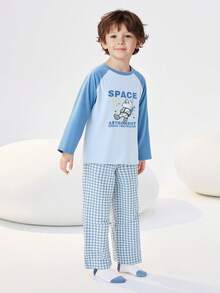 Balabala Tween Girl 2025 Spring New Cotton Colorblock Top & Plaid Pants Pajama Set - Blue Tint - View 2