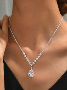 Dây chuyền mặt hình giọt nước Cubic Zirconia màu xanh navy cổ điển, Dây chuyền phong cách tiệc tùng thanh lịch dành cho nữ, Dây chuyền quà tặng tinh tế - màu xanh vàng - Xem 6