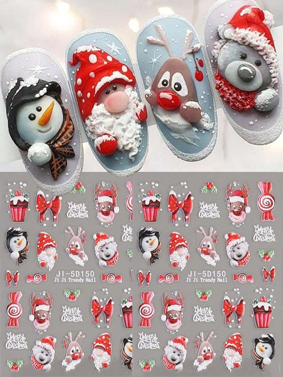 2 Sheets Xmas Deer Nails Stickers 5D Relief White Red Deer Christmas Lights Bear Penguin Design Adhesive Cartoon Bear Decal Nail Art Decor - 彩色 - 查看 1