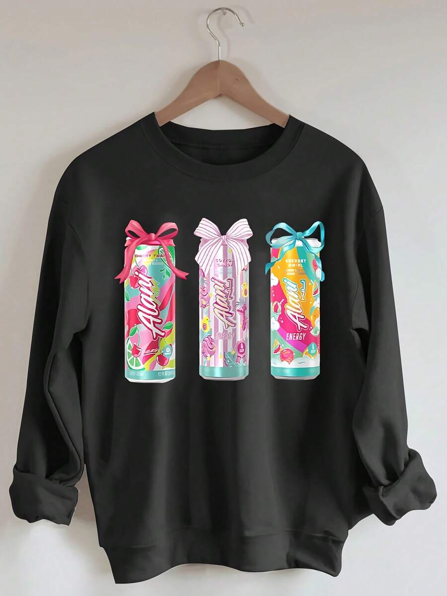 Unisex'S Alani Graphic Print Sweatshirt - Casual Crew Neck, Short Sleeve, Round Neck Top With Vibrant Cartoon Design, Beige, Perfect For FallWinter, Casual WearPlayful DesignComfortable Fit - 黑色 - 查看 1