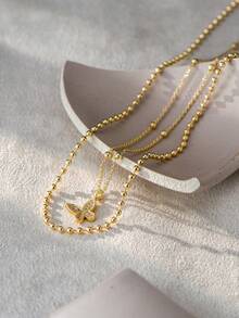 Nooxian 2pcs/Set Women Elegant Minimalist Gold Sparkling Butterfly Copper Zirconia Pendant Layered Pearl Chain Necklace Set (Random Pearl Quantity) - Yellow Gold - View 3