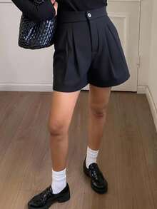 Livesso 女士黑色纯色褶裥休闲百搭短裤，秋季/秋季 - 灰色 - 查看 3