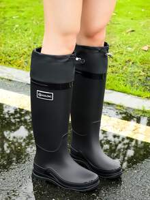 女士时尚高筒雨靴，弹性靴口，防水防滑，适合洗车、钓鱼、厨房活动、户外水上活动 - 黑色 - 查看 2