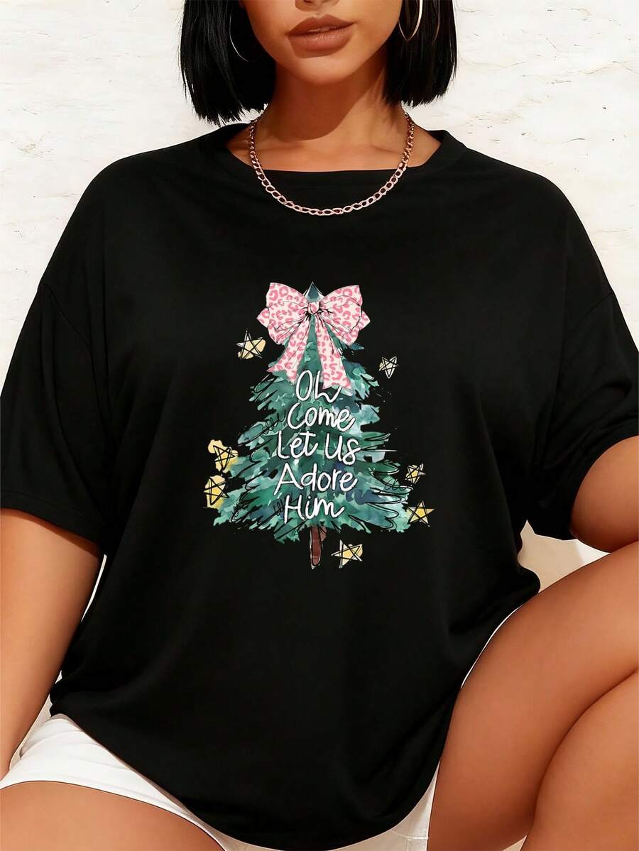 Oh komm, lasst uns ihn anbeten Jesus Coquette Schleife Weihnachtsbaum T-Shirt Grafik-T-Shirts Frauen Crop Tops Sommeroutfits für Frauen Sommeroberteile T-Shirt - Schwarz - Übersicht 1