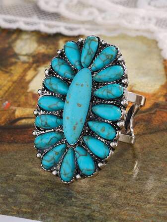 Natural Turquoise Open Ring, Bohemian Western Style - Suitable For Men And Family, Ideal For Daily Wear, Parties, And Christmas Gifts