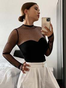 Livesso Women's Polka Dot Mesh Patchwork Long Sleeve T-Shirt, Sexy Party Wedding , Suitable For Spring, Summer, Autumn,Fall Women Clothes - Black - View 2