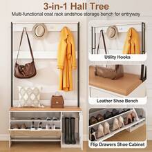 RsnuLpocy 3-In-1 Porch Rack With Multifunctional Hooks, Soft Cushioned Shoe Bench With Flip-Top Drawer Shoe Cabinet, Boot Compartment Shoe Cabinet, Adjustable Shelves, Bottom Storage, Suitable For Entryway/Porch/Hallway, 31.5"*15.7"*66.9", 185 Lbs - Đế màu trắng với màu vân gỗ - Xem 2