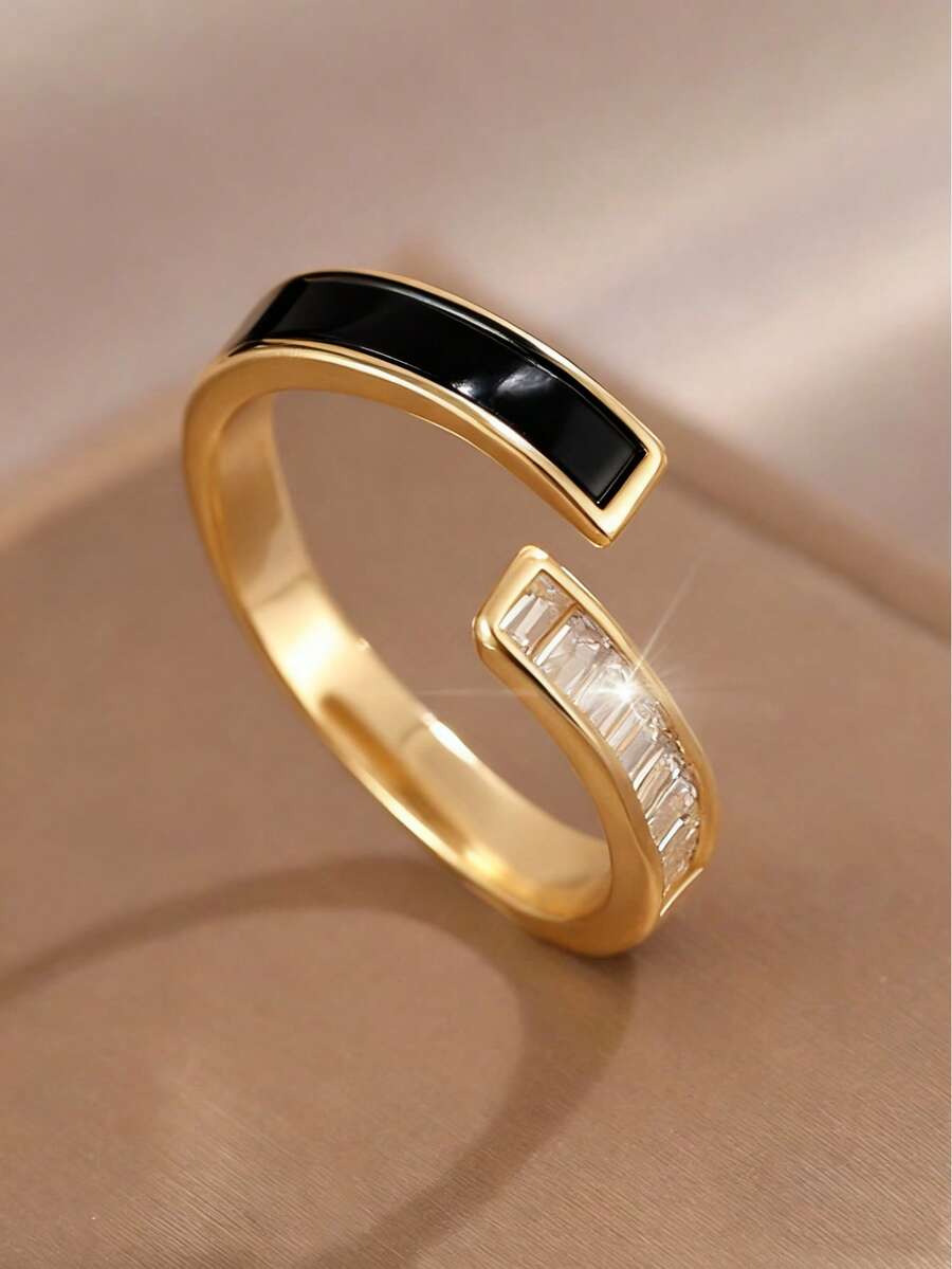 1 chiếc nhẫn hở thời trang mạ vàng hình chữ T có thể điều chỉnh được bằng đá Zirconia dành cho nữ, đeo hàng ngày