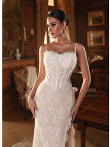 新款女士无肩带珍珠蕾丝拼接高开衩优雅晚礼服，修身性感吊带长裙，适合订婚、婚礼、晚宴、圣诞节、新年、感恩节派对等场合 - 白色 - 查看 1