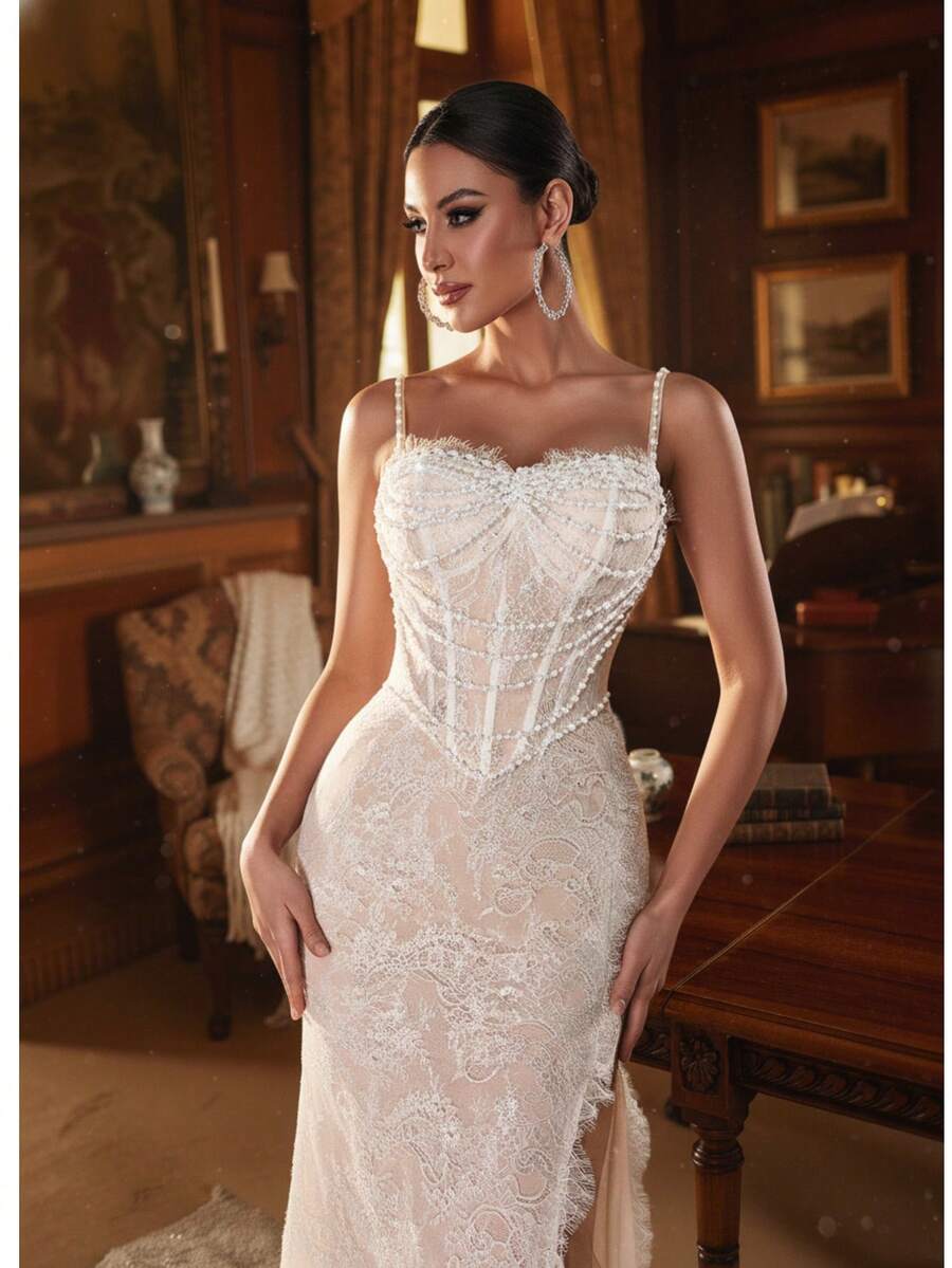 新款女士无肩带珍珠蕾丝拼接高开衩优雅晚礼服，修身性感吊带长裙，适合订婚、婚礼、晚宴、圣诞节、新年、感恩节派对等场合 - 白色 - 查看 1