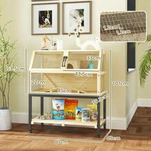 PawHut Dwarf Hamster Cage Made Of Wood, 87 X 43 X 101, Rodent Cage With Shelf, Water Bottle, Hut, Swing, Small Animal Cage With Wheels, Ramps, Natural Wood On Site - 1 - 查看 3