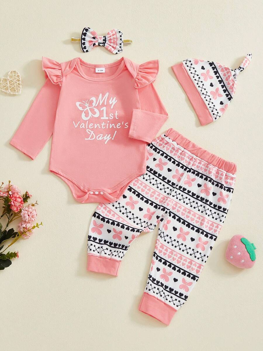 Conjunto de 4 piezas para bebé niña con estampado de letras, mono de manga larga, pantalones de mariposa, diadema con lazo y sombrero para el Día de San Valentín - Rosa - Ver 1