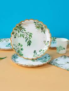 100/25/10pcs Gold Rim Green Leaf Petal Shaped Disposable Plates Napkins Cups, Plant Theme Plates Napkins And Cups Party Supplies, Suitable For 25 Guests, Disposable Paper Plates Party Tableware Suitable For Birthday Wedding Party Family Picnic - Multicolor - View 3