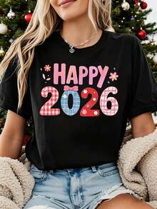 Women's Happy 2026 Number Print Short-Sleeve T-Shirt - 2026 Themed Casual Top With Lettering, Spring/Summer Blouse For Christmas Parties & Family Gatherings, Machine Washable Holiday Attire - 黑色 - 查看 2