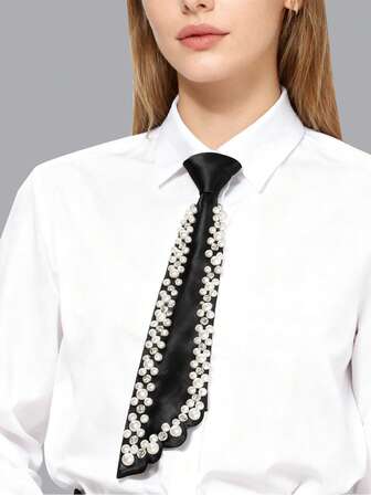 Unik slips med pärlor och strassdekor för kvinnor, svart, fransk retro JK-stil, dekorativ slips, elegant slips, förknuten slips, pärlslips, lämplig för fest, vardagsklädsel, alla hjärtans dag-present