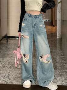 Washed Ripped Wide Leg Jeans