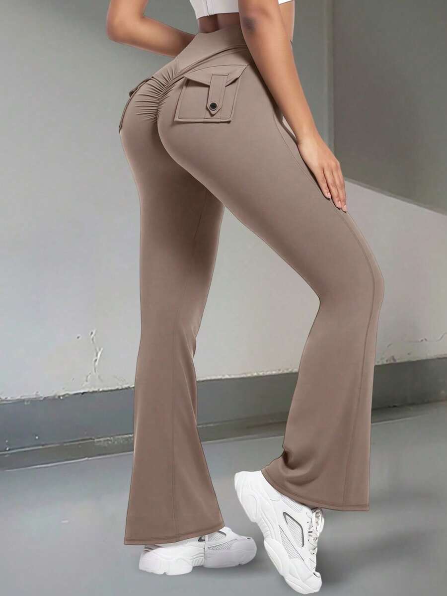 High Stretch Pants With Flared Leg Pockets For Fitness And Sports Leggings - 卡其色 - 查看 1