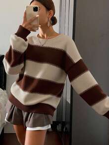 Livesso 女士条纹宽松长袖圆领毛衣，长袖上衣，秋季女装 - 棕色 - 查看 2