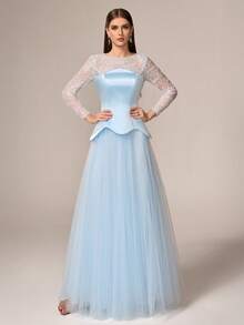 VIPGIRL Elegant Luxury Women's Formal Dress, Round Neck Lace Sleeves, Contrast Color Flared Mesh Dress, Valentine's Day Party - Baby Blue - View 4