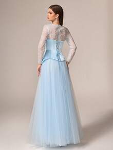 VIPGIRL Elegant Luxury Women's Formal Dress, Round Neck Lace Sleeves, Contrast Color Flared Mesh Dress, Valentine's Day Party - Baby Blue - View 3