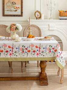 1 pieza Mantel rectangular estilo bohemio, estampado floral colorido, lavable, adecuado para decoración del hogar diaria, cocina, comedor, sala de estar, fiestas, citas, festivales, /verano - Flores silvestres con bordes verdes - Ver 6