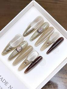 纯手工制作长椭圆形美甲贴片；手绘猫眼个性化秋冬美甲；高品质简约设计美甲贴片，覆盖式假指甲，Y2K风格美甲用品，手工按压式美甲贴片 - 彩色 - 查看 1