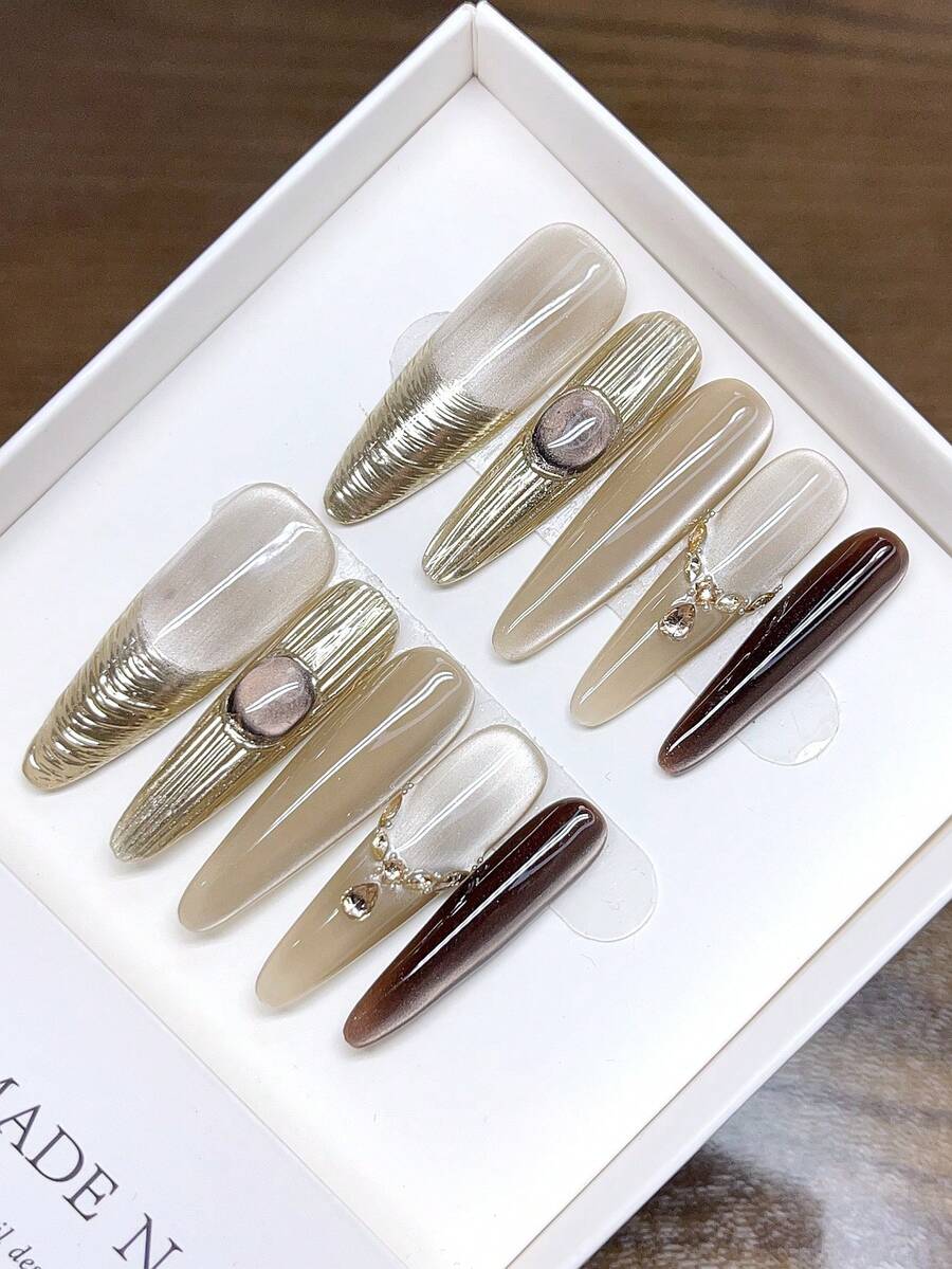 纯手工制作长椭圆形美甲贴片；手绘猫眼个性化秋冬美甲；高品质简约设计美甲贴片，覆盖式假指甲，Y2K风格美甲用品，手工按压式美甲贴片 - 彩色 - 查看 1