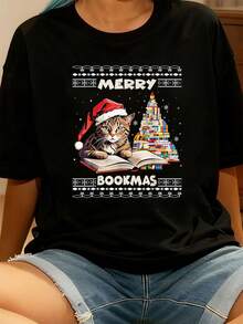 Fröhliches Buchmas Katze liest ein Buch Hässlicher Weihnachtspullover Weihnachten Männer Frauen Kinder T-Shirt Grafik-T-Shirts Frauen Crop Tops Sommeroutfits für Frauen Sommeroberteile T-Shirt - Schwarz - Übersicht 7