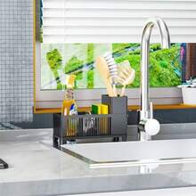 XZGB Rustproof Kitchen Sink Organizer For CountertopMultifunctional Sink Organizer Caddy And Organization Scrub Brush And Sponge Holder Plastic Sink Storage Rack Sponge Drain Rack Dish Soap Dispenser Black - 黑色 - 查看 5