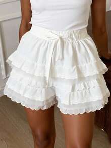 Livesso Women Lace Patchwork Short Elegant Shorts, White, All Season,Skorts Fall - White - View 7