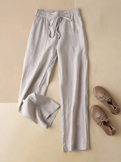 Comfortable Women's Casual Straight Leg Pants, With Pleated Waist Design And Decorative Drawstring, Regular Length