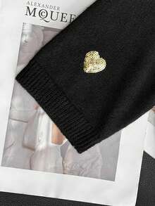 Women's Casual Loose-Fit Sweater, Round Neck Embroidered Heart Pattern, Plain Design, All-Season Wear, Fashionable & Versatile,Sequin,Elegant - Black - View 3