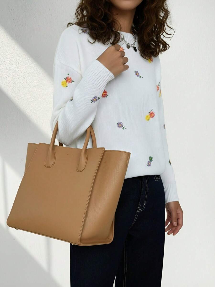 2025 New Styles Women's Floral Embroidered Drop Shoulder Sweater, Long Sleeve Tops Spring And Summer Hot - White - View 1