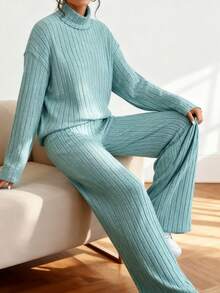 New Women's Suit Set;Ribbed Knit Turtleneck & Wide-Leg Pants Set: Stylish For Daily/Date Wear;Ribbed Knit Turtleneck Set! Smooth Wide-Leg Fit, Warm And Comfortable, Super Easy For Daily Matching;High-End Sense Of Relaxation! - Màu xanh lam - Xem 2