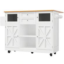 Kitchen Island, Dining Trolley With Countertop, Buffet Unit, Dining Trolley With Wood Grain, Side Towel Rack, Three-Dimensional Cabinet Doors With Wheels, Adjustable Partitions, Black - White + MDF - View 6