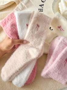 1Pair Mink Plush Bow Fluffy Mid-Calf Socks, Cute & Sweet Mid-Calf Socks, Thick & Warm For Home, Sleep, Bow Pattern, Soft & Comfortable, Suitable For Autumn/Winter Christmas Gift - 彩色 - 查看 6