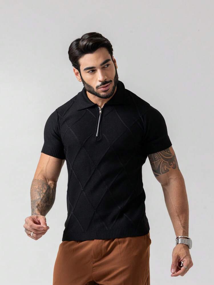 TRICOT DE LUXO Men's Lightweight Textured Polo Collar Knitted T-Shirt With Zipper, High Quality, Spring Summer Autumn, Premium Quality - 黑色 - 查看 9