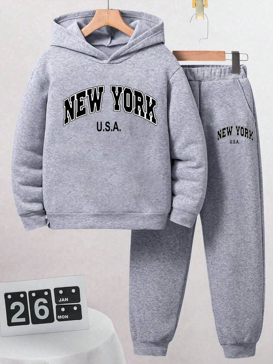Tween Boy Cartoon Print Warm Hoodie And Sweatpants Set - Grey - View 1