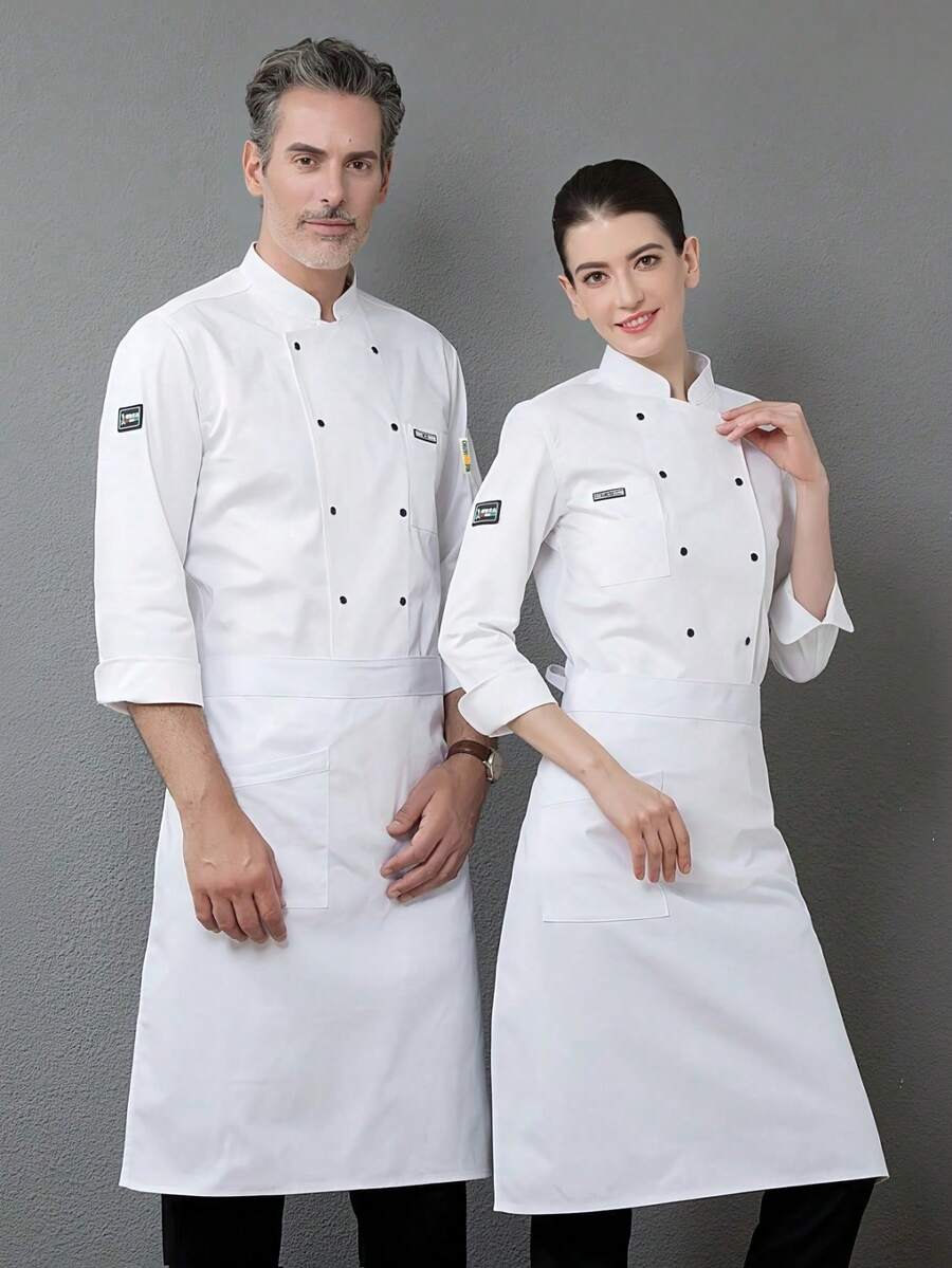 Men New Fashion Chef Uniform Long Sleeve Coat, High-End Hotel/Restaurant/Bakery/Cafe , Stylish & Unique Design With Hoof Cuffs, Oblique Placket, Comfortable & Breathable Fabric, Durable, Pen Pocket For Small Items - White - View 1
