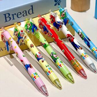 Super Mario 6 件套超级马里奥卡通人物伸缩圆珠笔套装，带马里奥和图案的塑料书写笔，适用于日记、办公室、学校用品，是毕业和节日礼物的理想选择